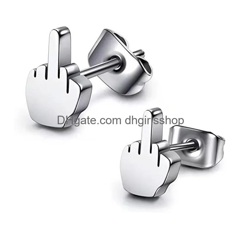 hip hop vertical middle finger stud for women men punk stainless steel anchor earrings piercing rings party fashion jewelry gift 1