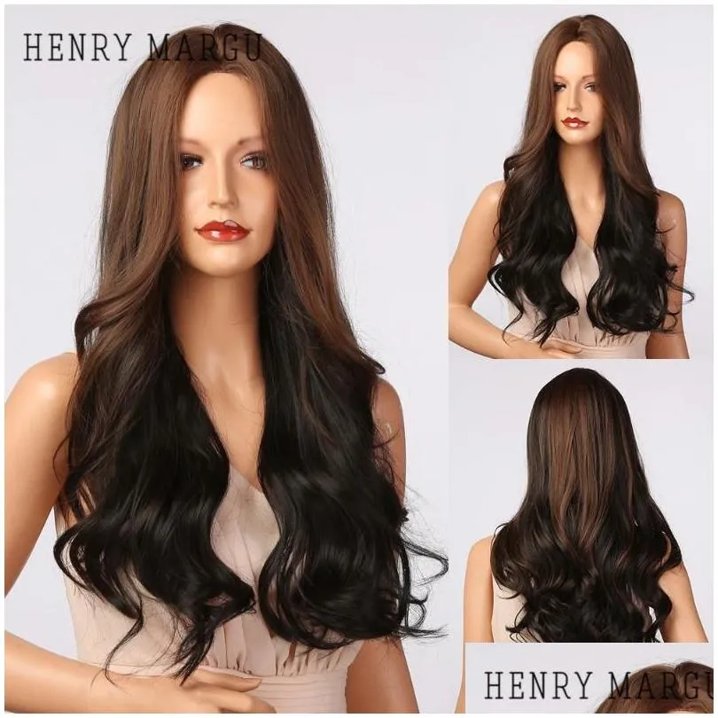 Synthetic Wigs HENRY MARGU Long Wavy Brown Highlight Blonde Natuarl Hairs For Women Cosplay Party Daily Heat Resistant Hair