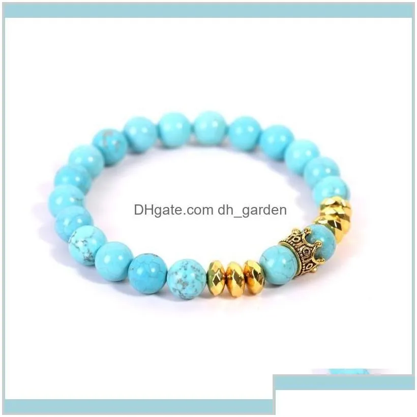 Gold Crown Bracelet Natural Stone Lava Rock Turquoise Beads Bracelets Wristband Women Men Fashion Jewelry Will And Sandy White Blue R5