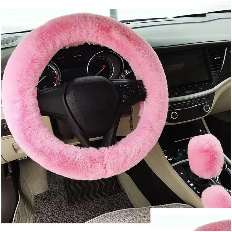 steering wheel covers 3pcs/set fluffy thick auto car plush cover soft wool winter 38cm mens and womens