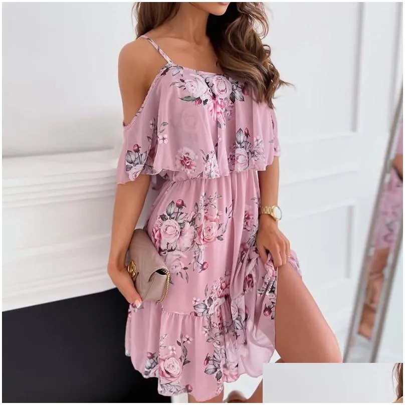 casual dresses sundress women off shoulder flower print dress 2022 boho spaghetti strap floral female elegant a line holiday party