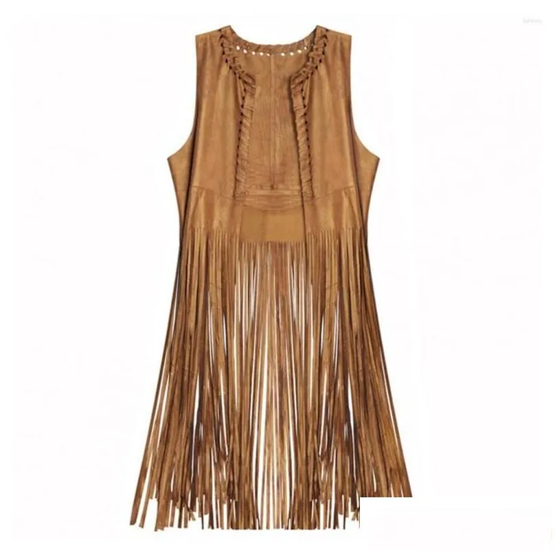 womens vests women long tassels suede vest breathable vintage fringed waistcoat with hollow hole