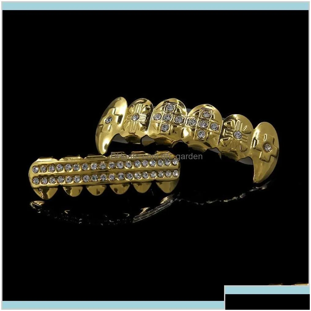 Hip Hop Teeth Gold Silver Plated Crystal 6 Top Bottom Faux Tooth Braces Rapper Body Jewelry Unisex Ngywc Grillz Wicjr