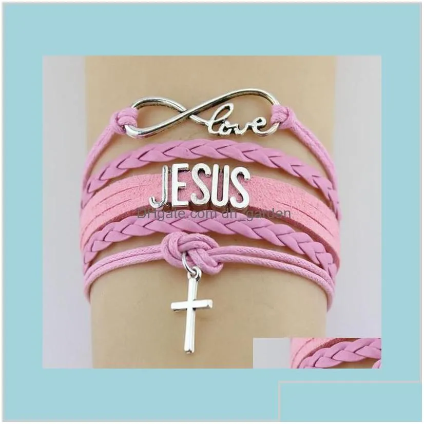 Infinity Love Jesus Cross Religious Faith Leather Wrap Rope Men Bangles For Women Jewelry Tqny2