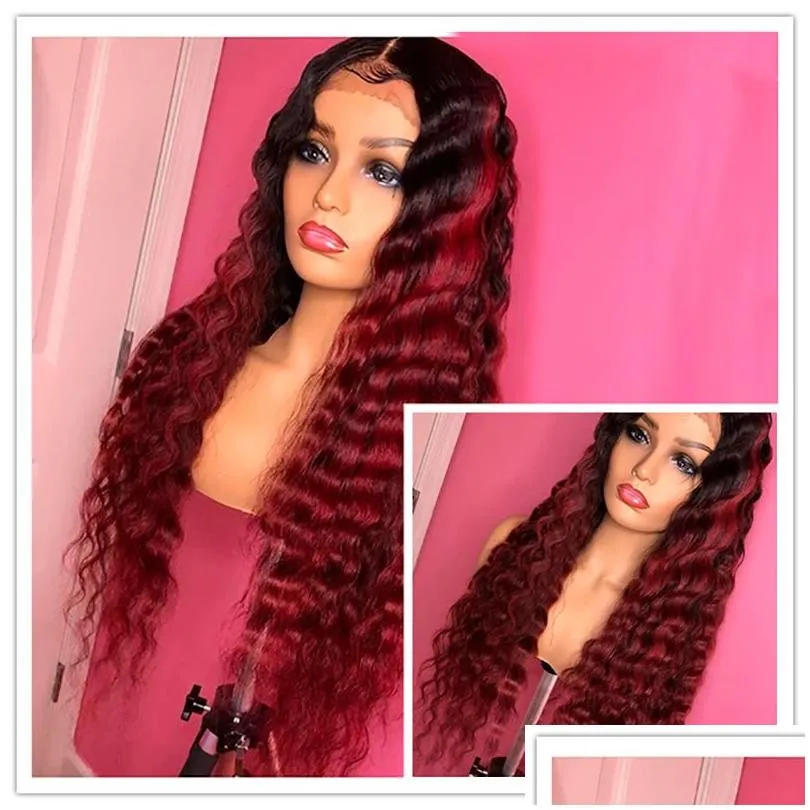 13*6 Deep Wave 1b Red Colored Lace Front Human Hair Wigs for Woman Ombre Red Lace Front Wig Pre Plucked Brazilian Remy Hair