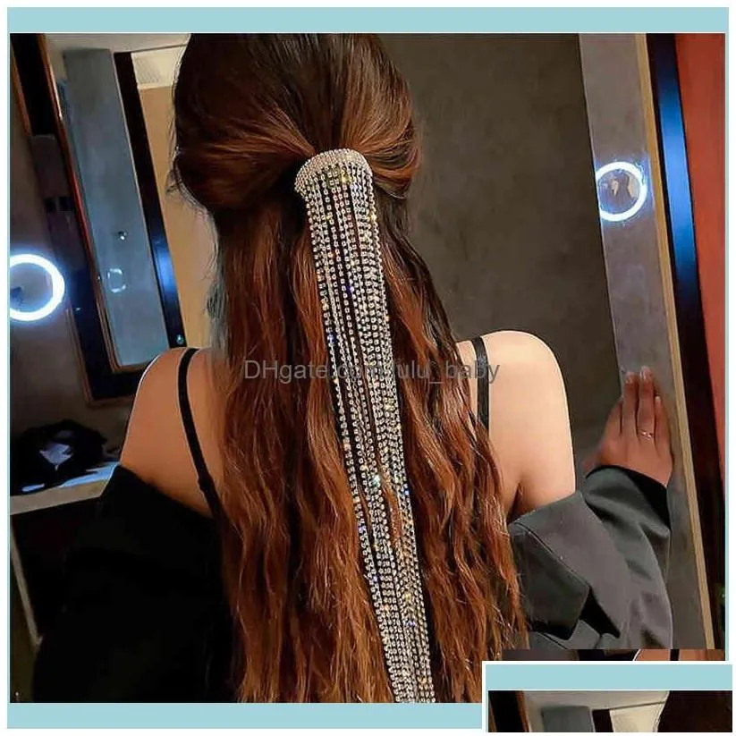 Headbands Jewelryfyuan Shine Full Rhinestone Hairpins For Women Bijoux Long Tassel Crystal Hair Aessories Wedding Banquet Jewelry Drop