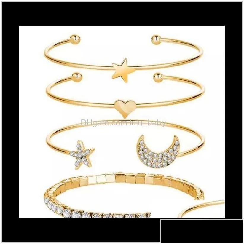 Drop Delivery 2021 Fashion Designer Brand Four-Piece Set Bangle Shining Crystal Rhinestone Star Moon Charm Open Bracelets Women Fine