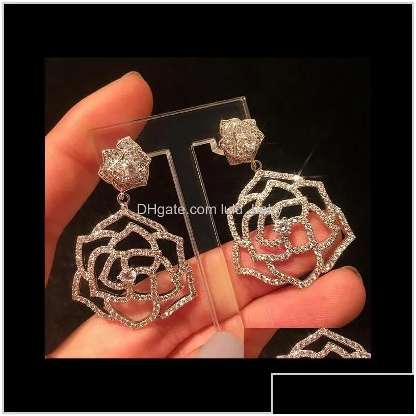 Fashion Luxury Designer Super Sparkling Diamonds Zirconia Camellia Flower Pendant Earrings For Women Girls Silver Post Mleee Zscel