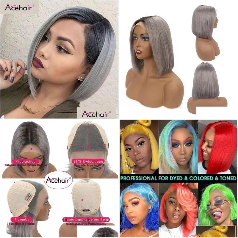 Acehair Ombre 1b grey Bob Wig 13x4 Short Bob Wigs Brazilian Straiight Lace Front Human Hair Wig Remy Hair For Black Woman