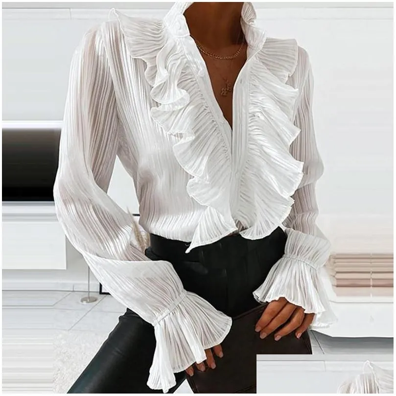 womens blouses shirts v-neck women elegant blue white ruffles front buttons retro office lady spring autumn long sleeve casual tops