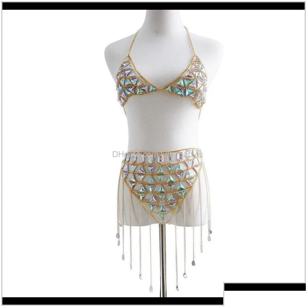 High Quality Glittering Colorful Crystal Tassel Fashion Sexy  Bra Skirt Set Chain Jewelry Egdkx Chains Pdwzh