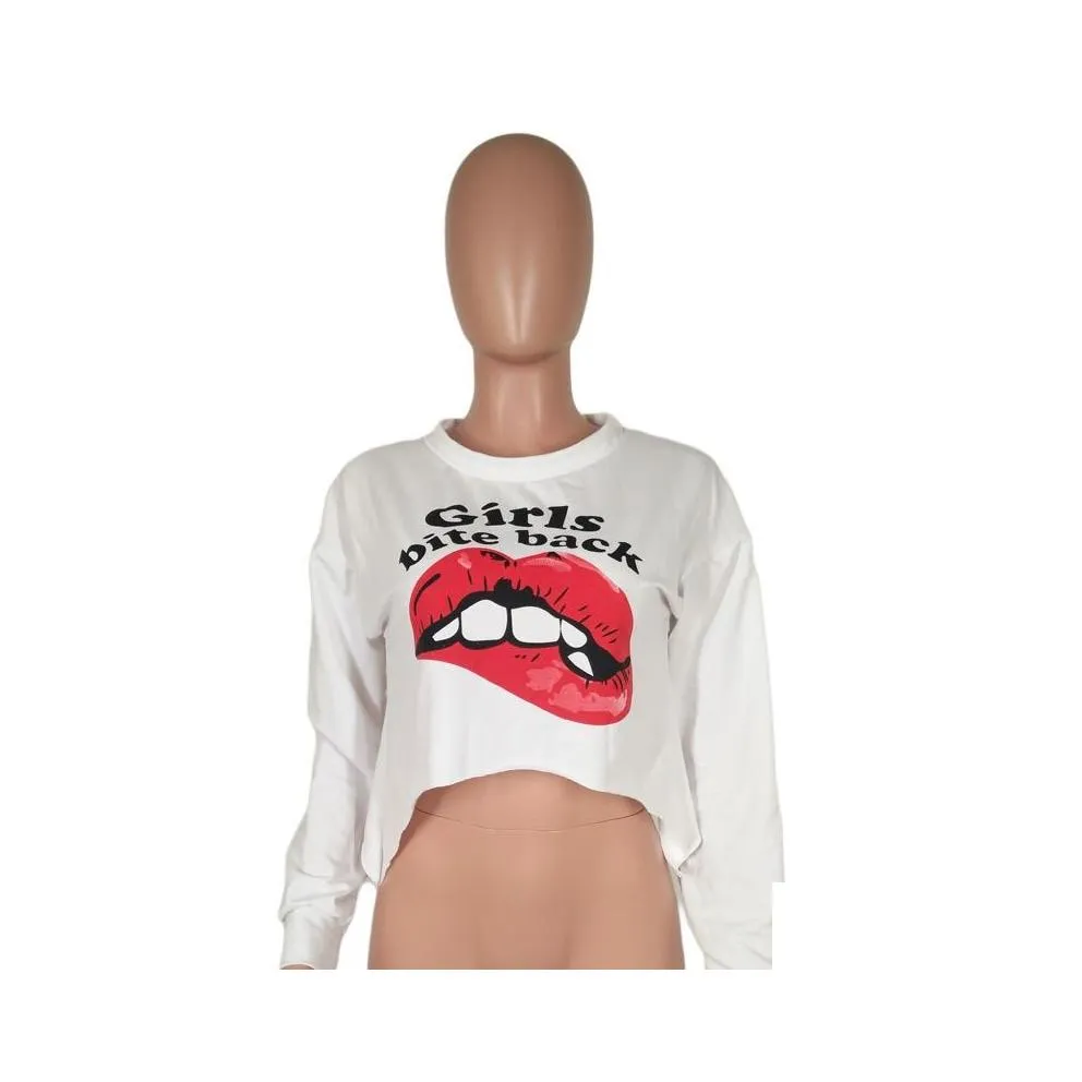 women long sleeve fleece t shirts girls bite back red lips printed pullover street style o neck autumn sweatshirts loose causal crop