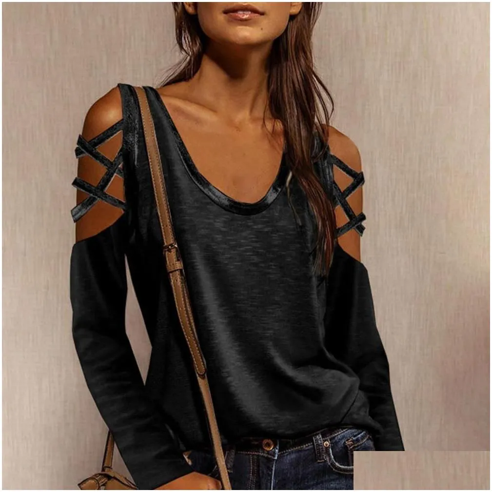 2021 fashion tops women t-shirt strapless loose long sleeve o-neck hollow womens top blouse for dating female black s-3xl
