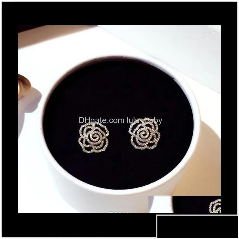 Super Glittering Ins Fashion Luxury Designer Diamonds Zircon Elegant Camellia Rose Flower Earrings For Woman Girls Gold Sqgov Vg0Qh