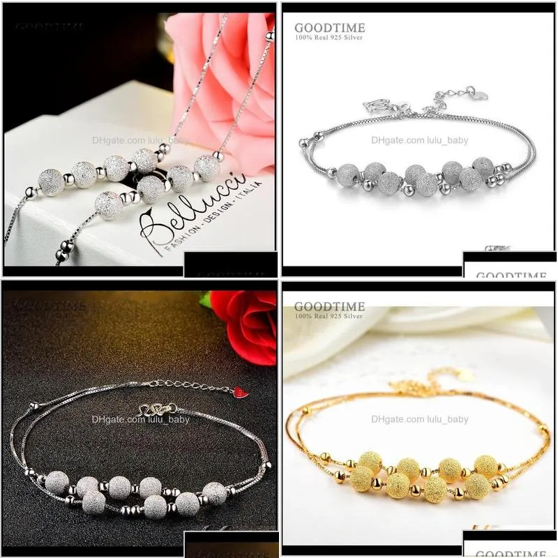 Fashion Pure 925 Sterling Silver Anklet Frosted Gold Color White Round Beads For Women Ankle Bracelet Foot Chain Jewelry F1219 2Rkr