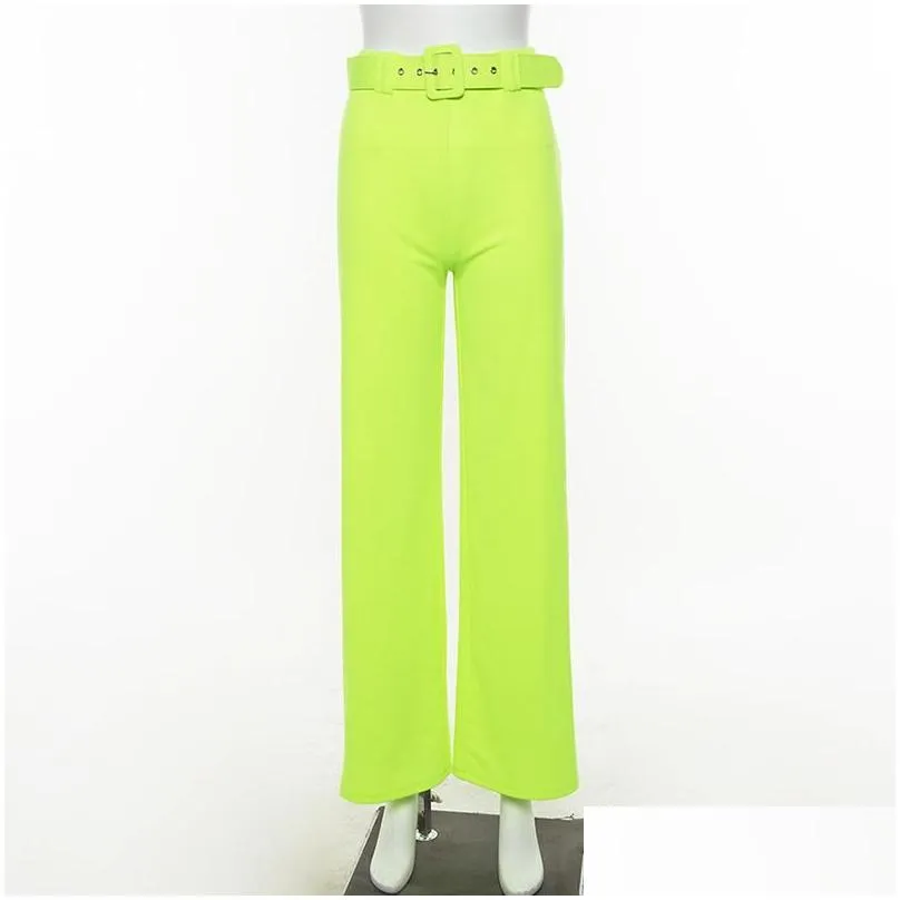 womens pants capris qiuxuan fashion fluorescent wide leg straight women slim high waist long with belt streetwear casual ladies