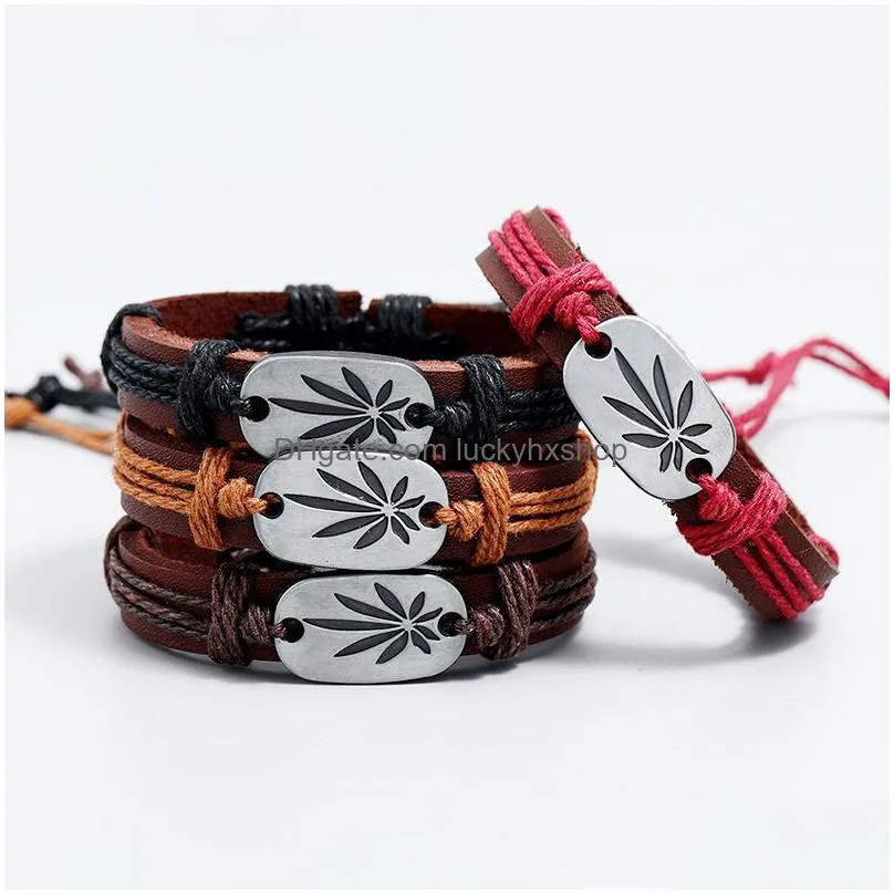 vintage designer jewelry single layers leather bracelet for men women charm leaf yin yang tai chi wrap bracelets