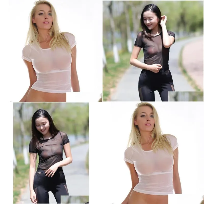 sexy women see through mesh t-shirt ice silk transparent bottom wear white erotic lingerie club pole dance bodysuit womens