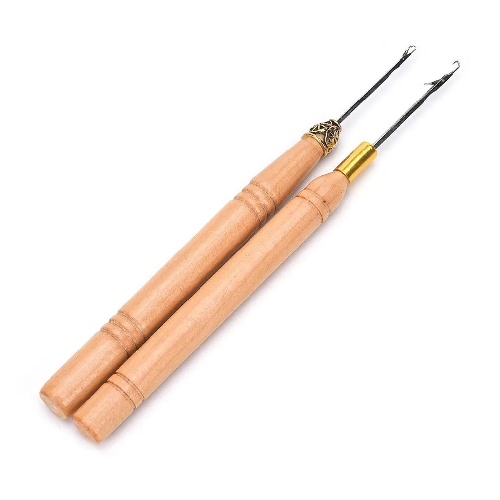 1Pc Hair Extension Hook Pulling Tool Needle Threader Micro Rings Beads Loop Wooden Handle With Iron Wire Hotting
