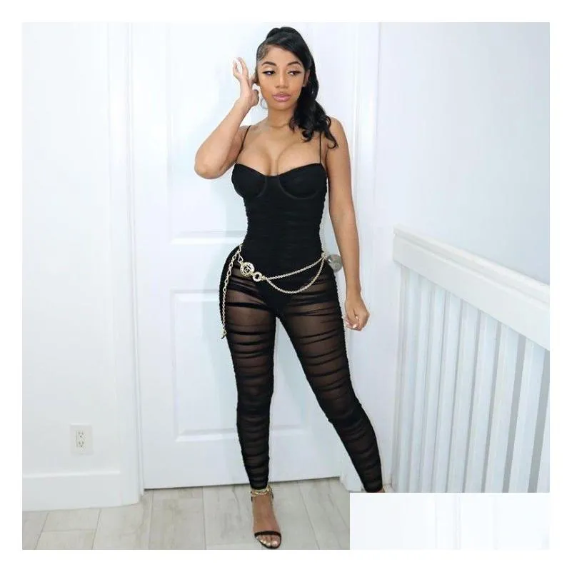 sexy strapless women jumpsuit see through sheer mesh party night clubwear fitness long rompers overalls womens jumpsuits