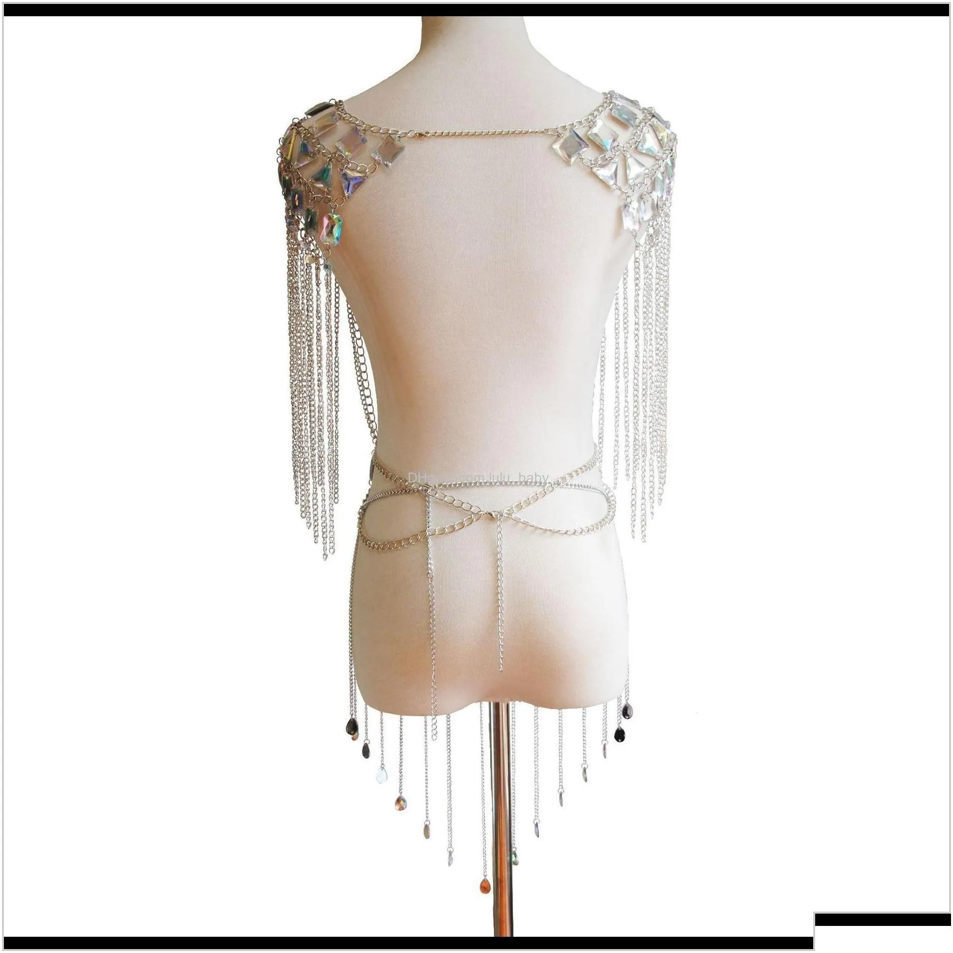 High Quality Glittering Very Beautiful Colorful Acrylic Crystal Tassel Fashion Sexy Bra Skirt Set Waist Body Chain Jewelry Gold Hqr0Y
