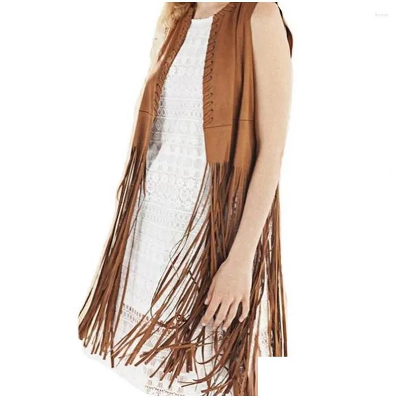 womens vests women long tassels suede vest breathable vintage fringed waistcoat with hollow hole