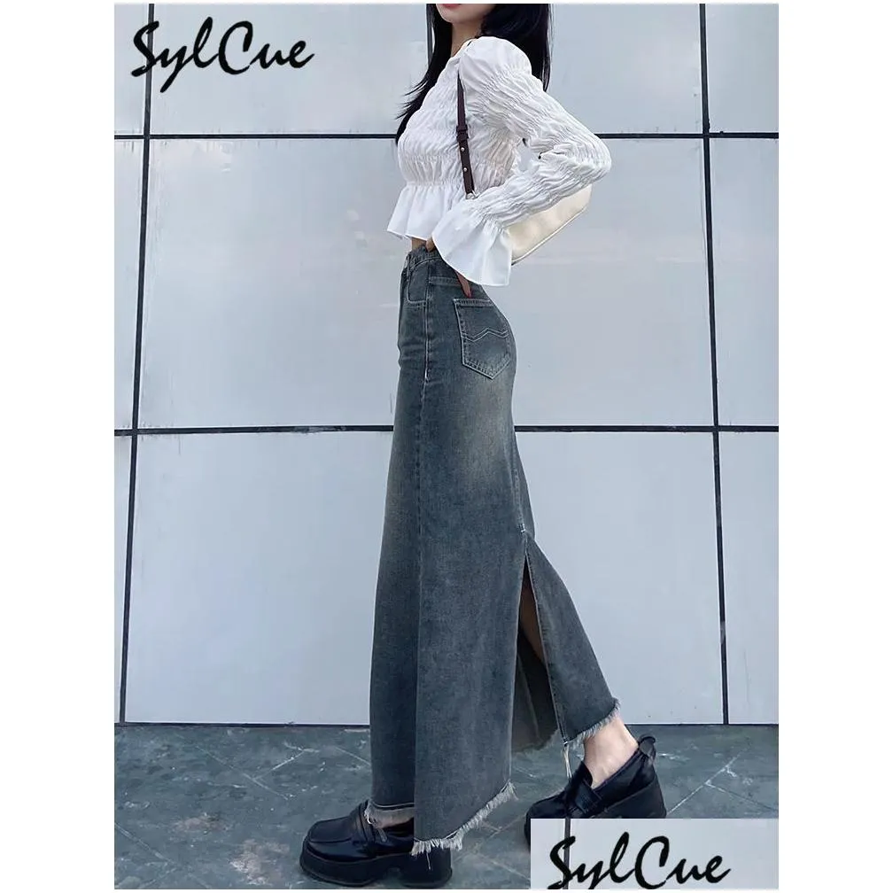 skirts sylcue retro classic allmatch vitality casual outing tight sexy white irregular womens long denim skirt girl cool 230615