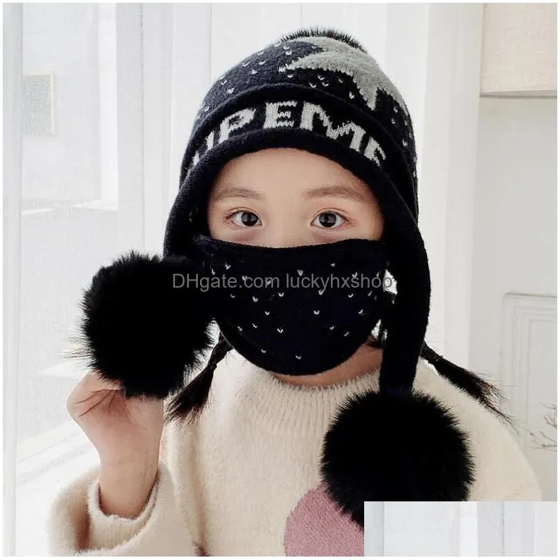 fashion accessories winter kids hat mask set knitted warm fleece outdoor hat pompom for girl boy child face