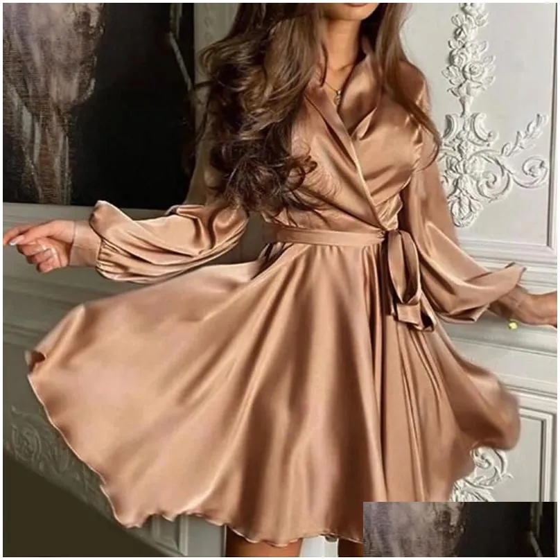 sexy satin sashes a line robe mini dress lantern sleeve low cut elegant party club plus size 2021 women s clothing vestidos