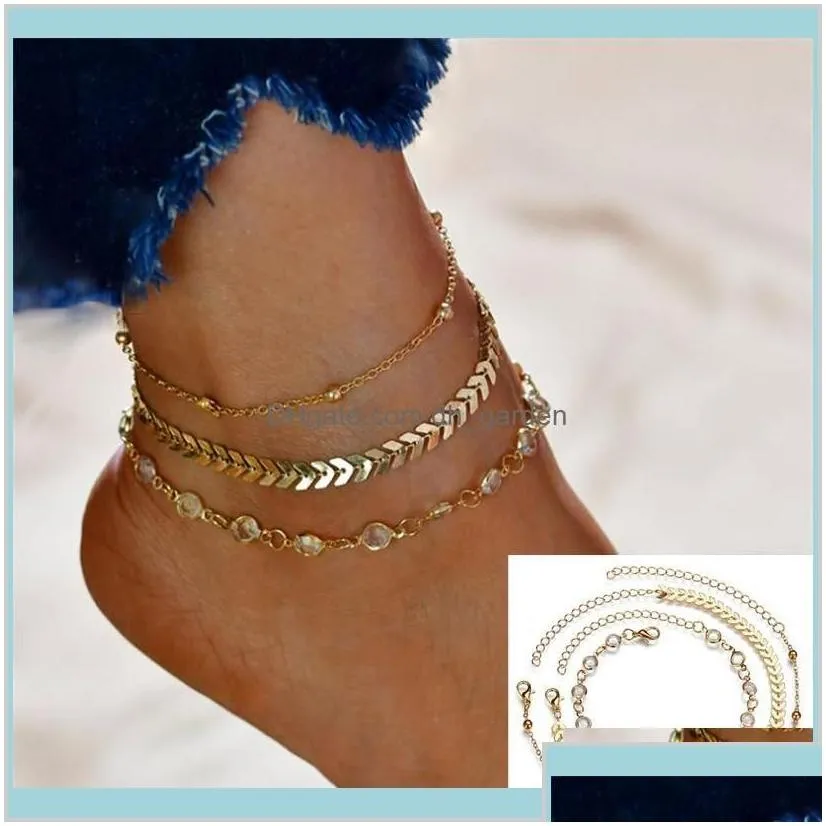 3Pcsset Personality Bohemian Ankle Acrylic Multilayer Aircraft Bead Chain Anklet Bracelets Simple Crystal Gold Beach B5 Anklets Xw2Ps