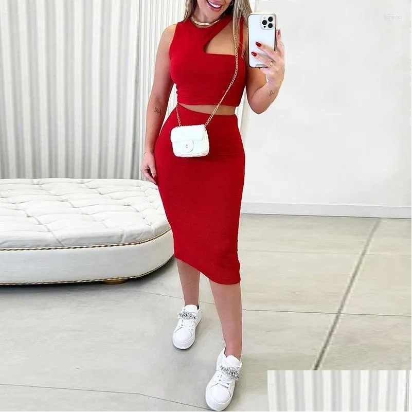 skirts 2023 european and american womens summer products  sweet small vest high waist mid-skirt fashion casual suit 070