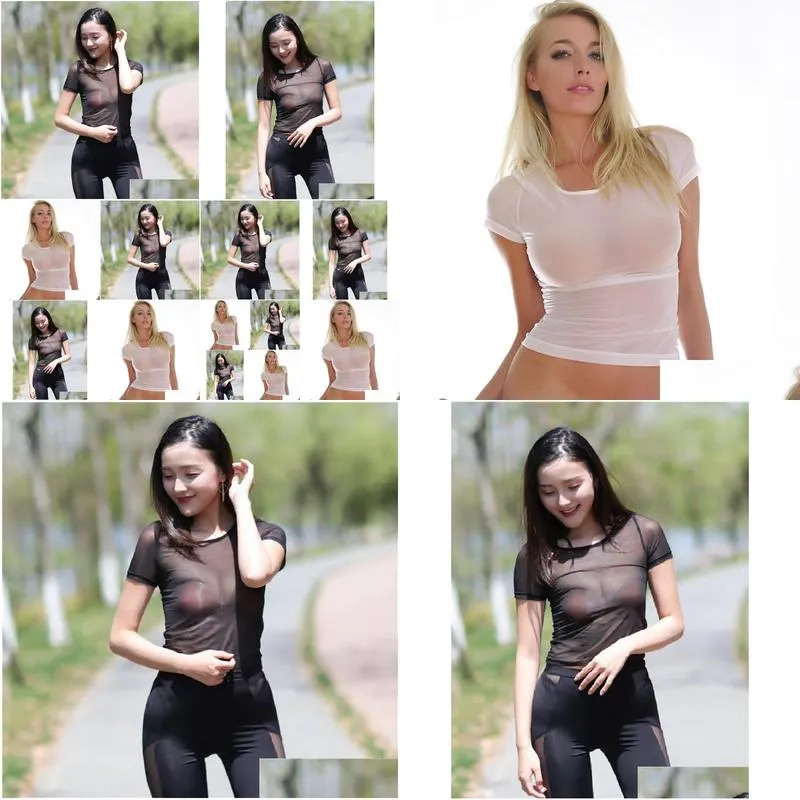 sexy women see through mesh t-shirt ice silk transparent bottom wear white erotic lingerie club pole dance bodysuit womens