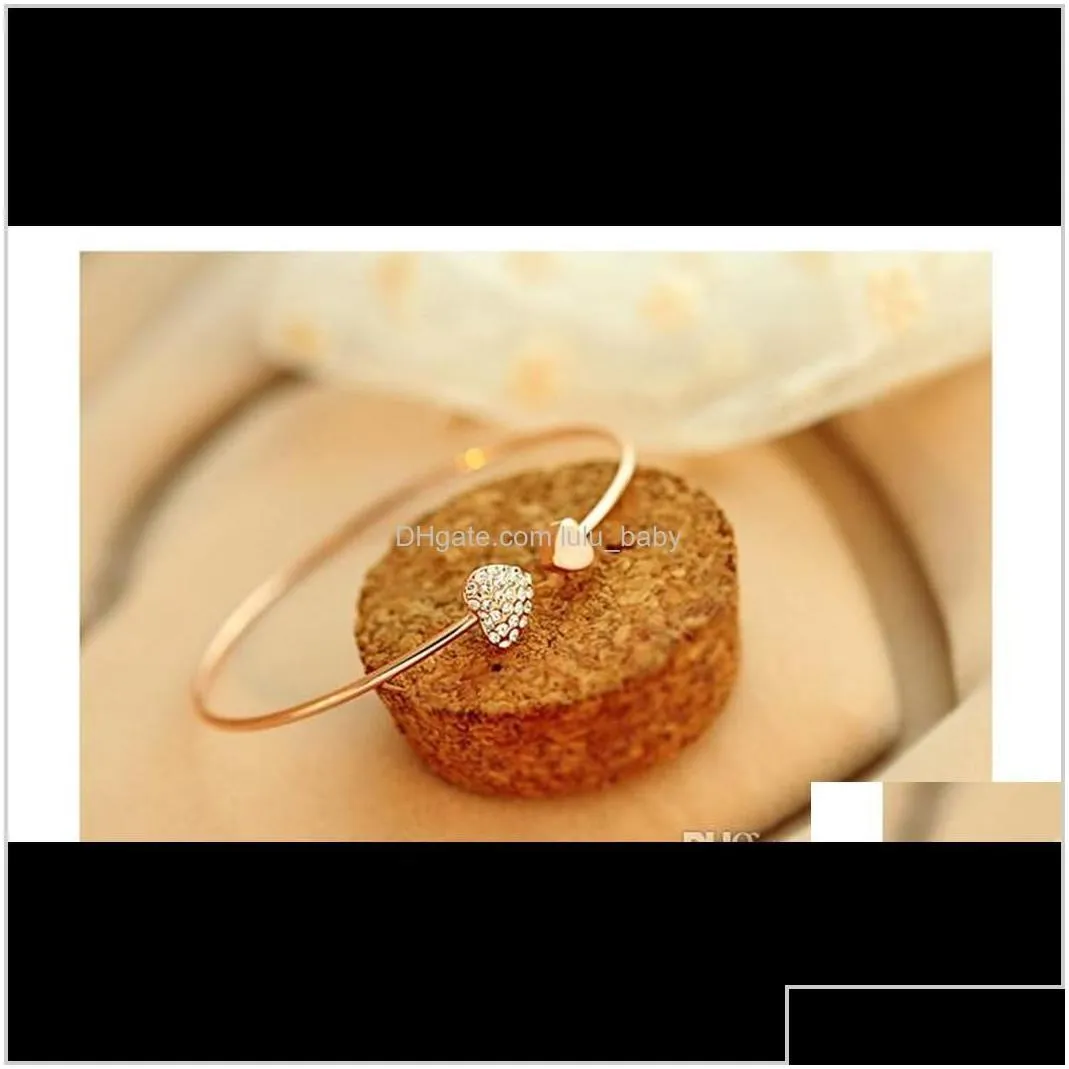Charm Bracelets Drop Delivery 2021 Fashion Adjustable Crystal Double Heart Bow Bilezik Cuff Opening Bracelet Women Jewelry Gift Mujer