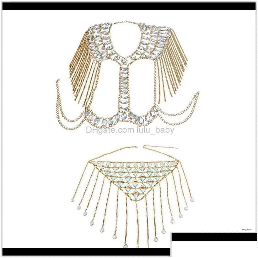 High Quality Glittering Very Beautiful Colorful Acrylic Crystal Tassel Fashion Sexy Bra Skirt Set Waist Body Chain Jewelry Gold Hqr0Y
