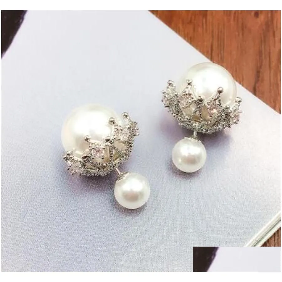 Fashion Designer Double Sided Luxury Lovely Cute Zircon Pearl Earrings For Woman Girls