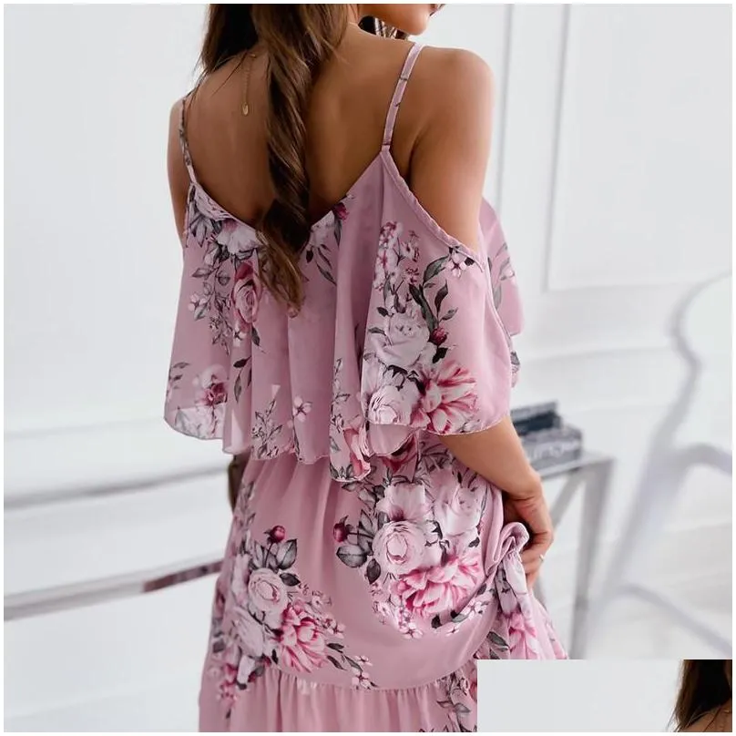 casual dresses sundress women off shoulder flower print dress 2022 boho spaghetti strap floral female elegant a line holiday party