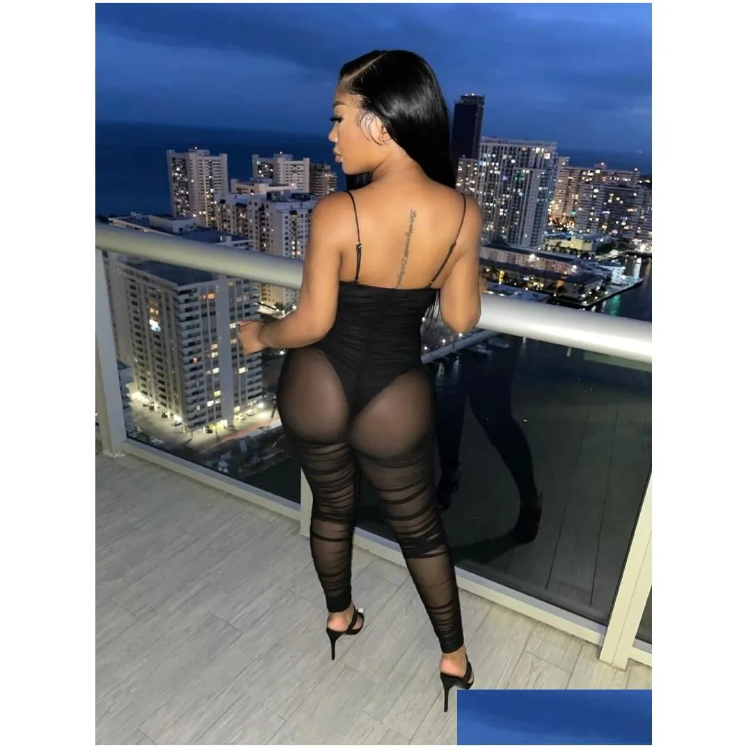 sexy strapless women jumpsuit see through sheer mesh party night clubwear fitness long rompers overalls womens jumpsuits