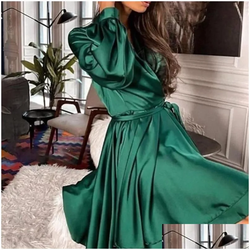 sexy satin sashes a line robe mini dress lantern sleeve low cut elegant party club plus size 2021 women s clothing vestidos