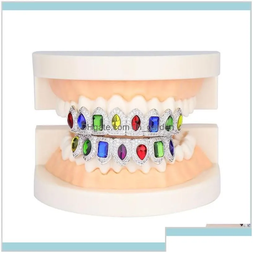 Colorful Shiny Teeth 18K Gold Plated Macro Pave Cz Iced Out Sets Top And Bottom Hip Hop Grillzs Style Pb29Q Grillz Dental Grills Odo0Z