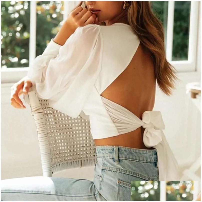 38 womens blouse shirt women fashion lantern sleeve long sleeve solid color sexy backless bowknot cross strap top