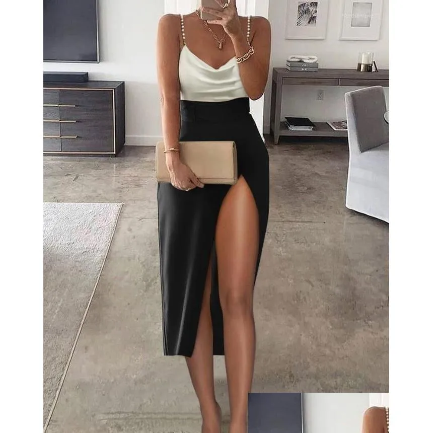 elegant wedding guest dresses for women daily beaded strap cowl neck high slit sleeveless lady casual cami dress