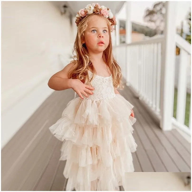 pricness party summer dresses for girls kids hollow out elegant birthday tutu sling tulle clothes wedding 220308