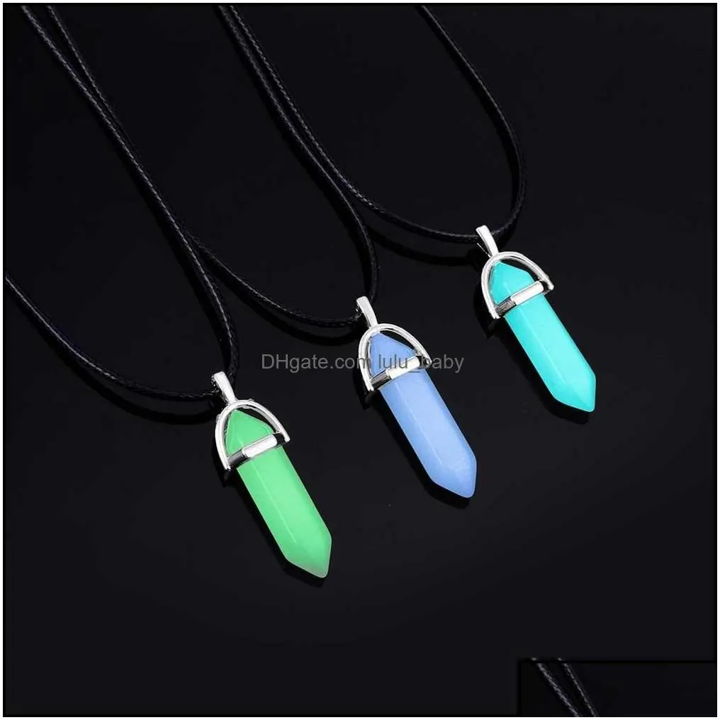 Pendant Necklaces Pendants Jewelry Fashion Luminous Stone Fluorescent Hexagonal Column Druzy Necklace Natural Crystal Gem Leather Chains