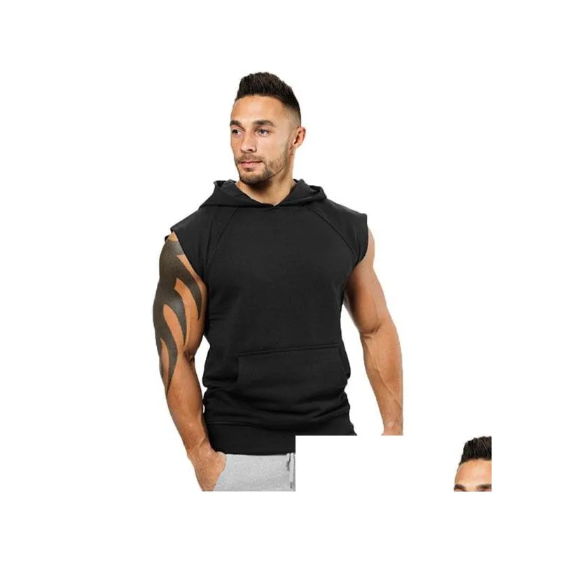 men plain top casual slim hoodie fit pocket pullover sleeveless sweatshirt vest with 2 colors asian size