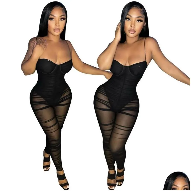 sexy strapless women jumpsuit see through sheer mesh party night clubwear fitness long rompers overalls womens jumpsuits