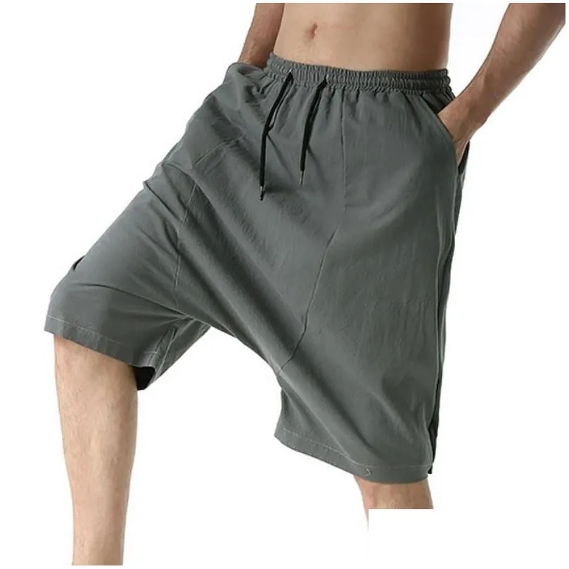 mens shorts casual drawstring pockets drop crotch baggy long trousers harem pants retro flying mouse style slacks