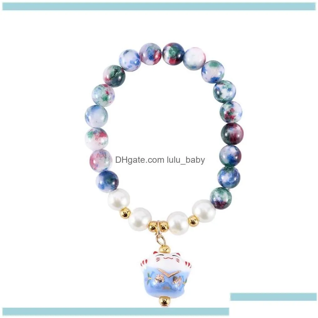 Beaded Bracelets Jewelrybeaded Strands Gift Obsidian Bracelet Lucky Cat Cute Women Natural Beads Ceramic Femela1 Drop Delivery 2021