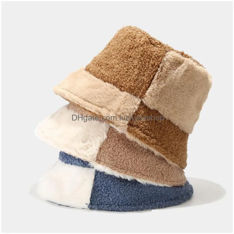 casual stitching contrast color faux fur winter stingy brim hats for women warm bucket hat men fisherman caps