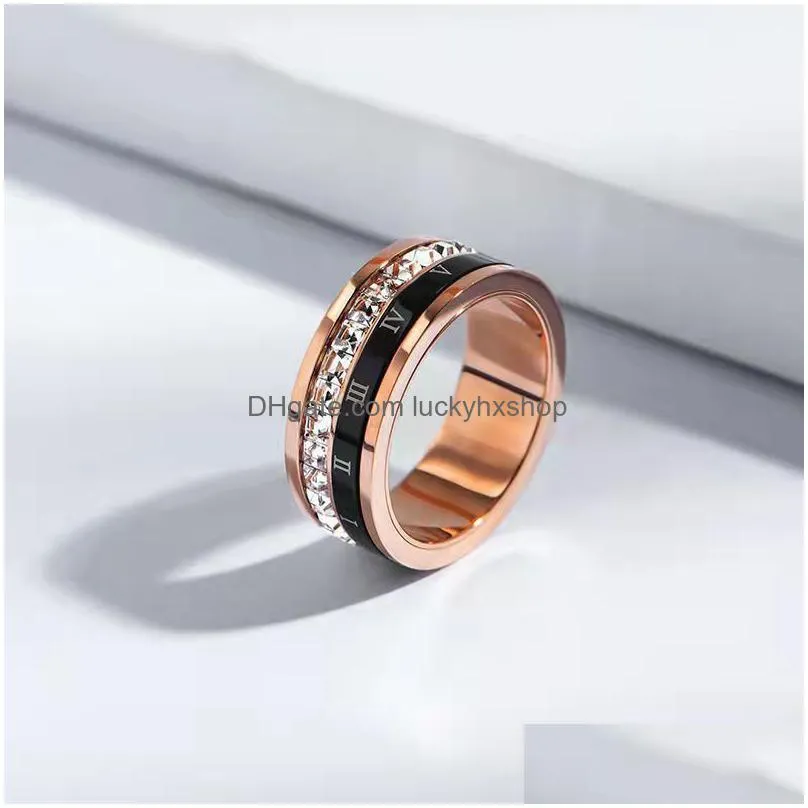 female with side stones rings punk vintage black stainless steel jewelry two rows cz stone wedding ring for man woman