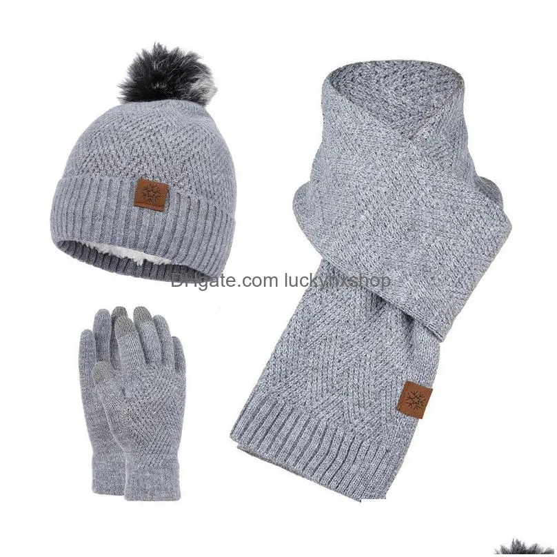 design fashion winter knitted scarf hat gloves set thick warm skullies beanies hats for women outdoor snow riding girl 3 piece set